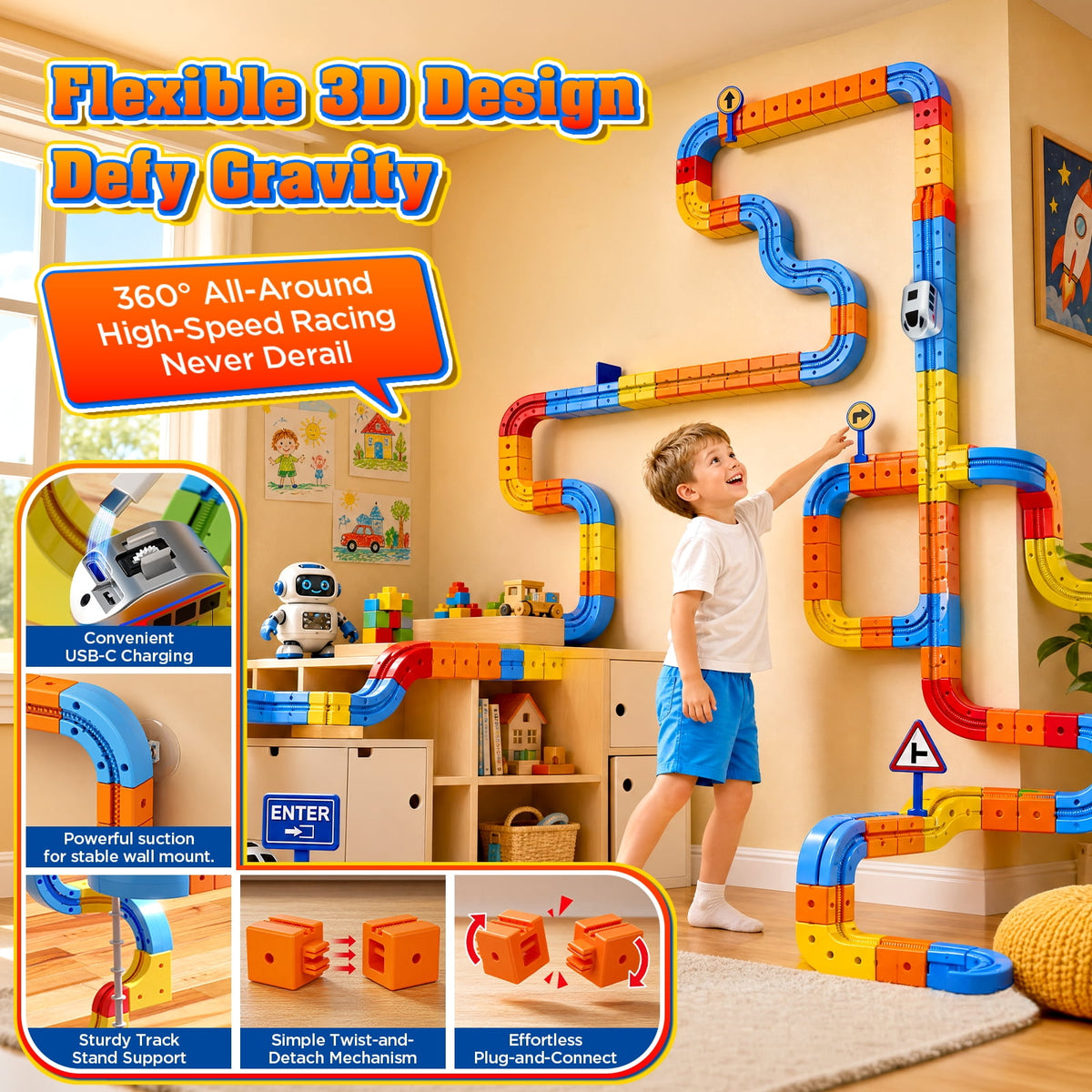 Doulami Electric Train Set for Kids, 147PCS Gravity-Defying 3D Racing Track Sets with Electric Train, Traffic Signs, STEM Train Toys Birthday Gifts for Boys and Girls Age 3+ Years Old